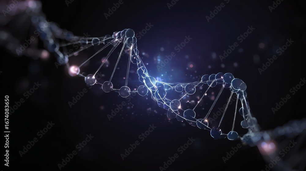 Poster glowing dna helix with molecular structure and starry background
