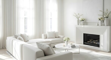 Chic modern white living room interior with a cozy sectional and fireplace