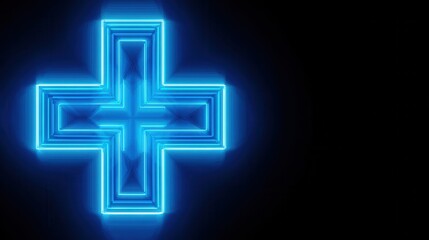 Obraz premium Neon Blue Cross Symbol on Dark Background for Modern Design