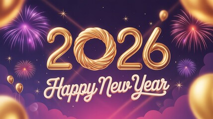 Celebrate happy new year 2026 with golden balloons and colorful fireworks