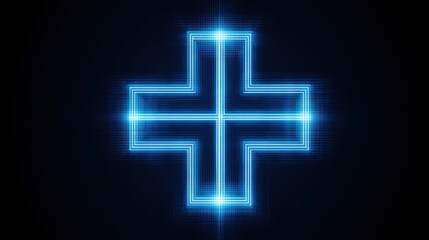 Neon Blue Medical Cross Symbol on Dark Background for Healthcare Use