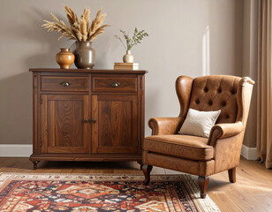 Interior shot of a room featuring a wooden cabinet with vases and a leather armchair on an ornate rug.