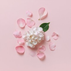 Fototapeta premium Delicate White Hydrangea Bloom with Scattered Pink Petals on Soft Pink Background