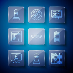Set line Chess, Board game of checkers, Sport mechanical scoreboard, Hearts for, Bingo, and Mahjong pieces icon. Vector