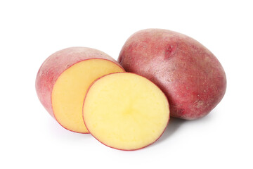 Whole and cut fresh ripe red potatoes isolated on white
