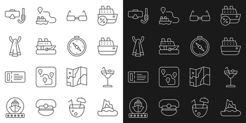 Fototapeta premium Set line Tropical island in ocean, Cocktail, Cruise ship, Glasses, Towel on hanger, Diving mask snorkel and Compass icon. Vector