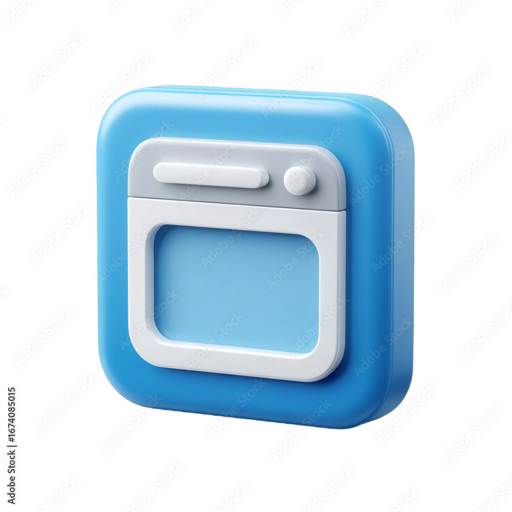 Poster 3d icon of a blue square with a white frame and a small grey window, isolated on transparent backgro