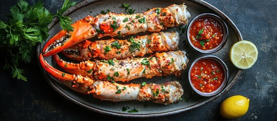 Grilled king crab legs with spicy sauce and lemon.