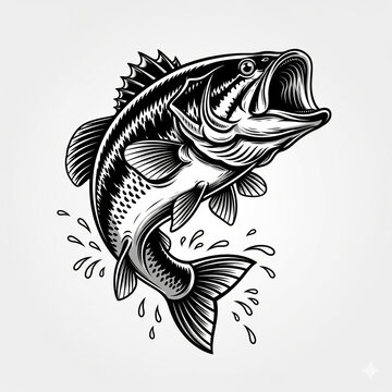 black and white bass fish jumping clip art preview