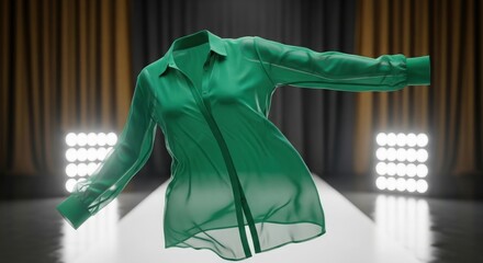 Green silk blouse floating sheer fabric runway spotlight fashion show high quality professional