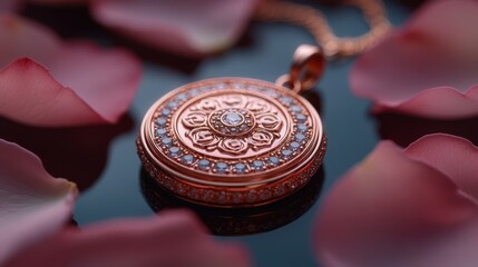 Elegant rose gold locket surrounded by pink rose petals.