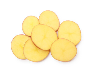 Pieces of fresh potatoes isolated on white, top view