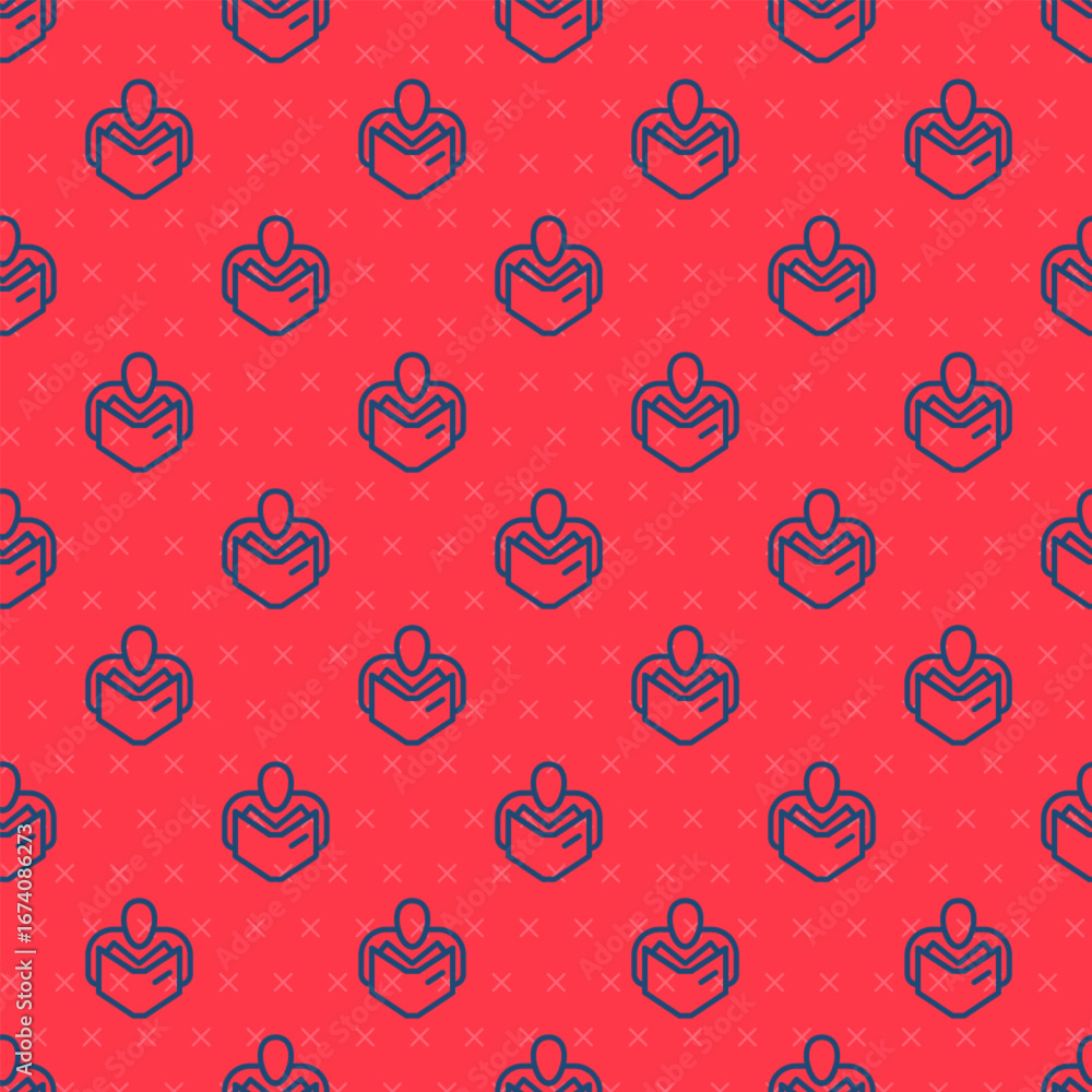 Poster blue line man reading book icon isolated seamless pattern on red background. vector