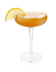 Martini cocktail with lemon slice in glass on white background