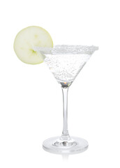 Martini cocktail with apple slice and sugar in glass on white background