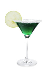 Martini cocktail with apple slice and sugar in glass on white background