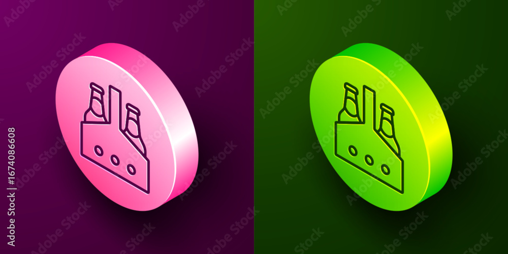 Poster isometric line pack of beer bottles icon isolated on purple and green background. case crate beer bo