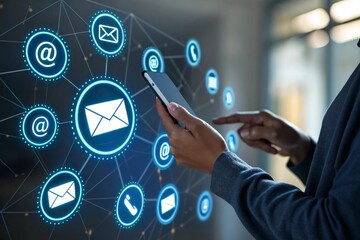 Person using smartphone interacting with digital communication network