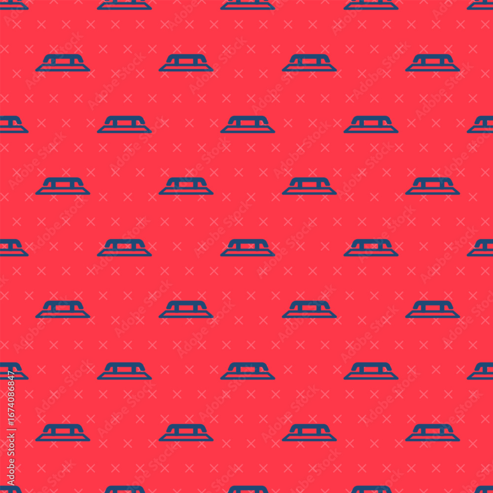 Poster blue line skateboard stairs with rail icon isolated seamless pattern on red background. vector