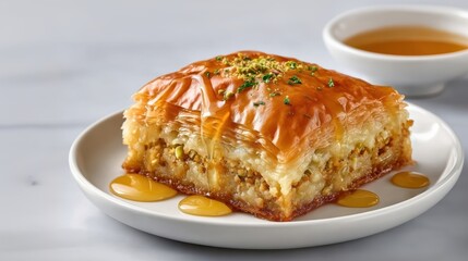 Flaky Baklava Layered with Chopped Pistachios and Drizzled with Sweet Honey Syrup on a White Plate