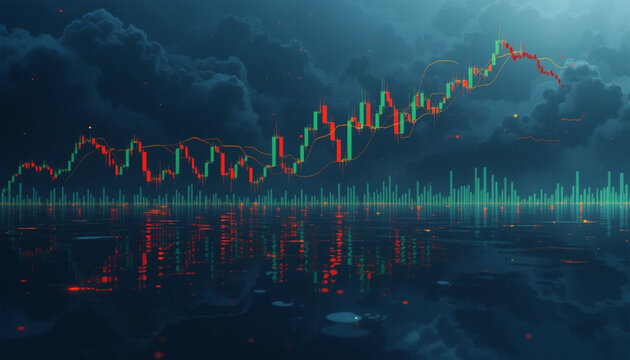 trading chart on the reflected water