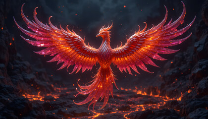 Phoenix Rebirth – A Fiery Mythical Bird Rising from the Flames in a Dark Inferno Sky