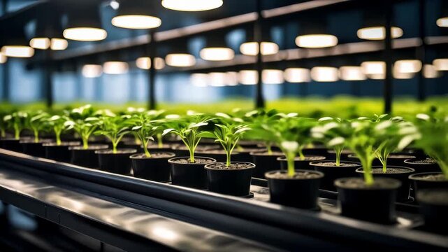 rows of small seedlings growing in pots under led lights in modern indoor farm
