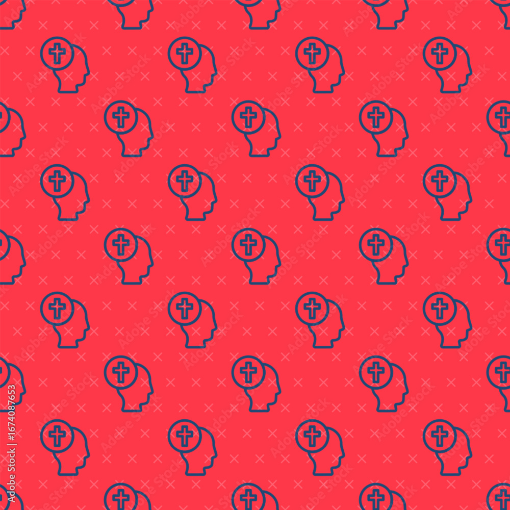 Poster blue line priest icon isolated seamless pattern on red background. vector