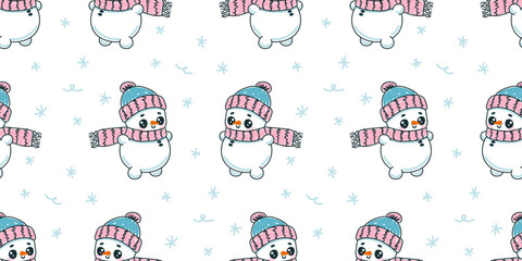 Cute snowmen with hats and scarves on winter background. Vector seamless pattern.