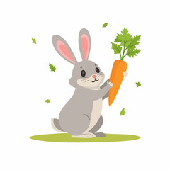 A cheerful cartoon rabbit with large ears stands on a grassy patch, happily holding a vibrant orange carrot with green leafy tops.