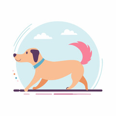 A happy cartoon dog with a blue collar and pink tail walks on a line against a blue sky background.