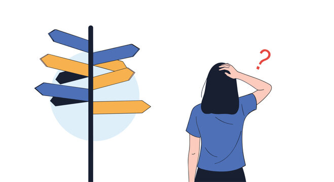 Person standing at a crossroads with multiple signs confused about which path to take making a decision about their future career options