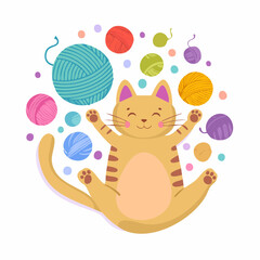 A joyful cartoon cat happily surrounded by colorful balls of yarn, arms raised.