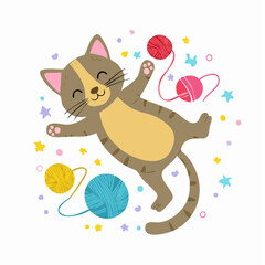 A happy cartoon cat playfully interacting with colorful yarn balls and stars.