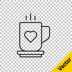 Black line Coffee cup and heart icon isolated on transparent background. Couple coffee for lovers on Valentines Day. Vector