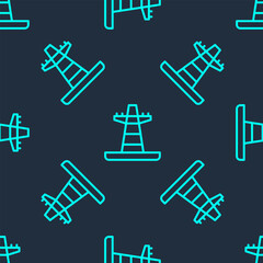 Green line Electric tower used to support an overhead power line icon isolated seamless pattern on blue background. High voltage power pole line. Vector