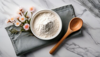 floral napkin wooden spoon and flour in bowl on marble surface perfect for recipe blogs baking and food related designs