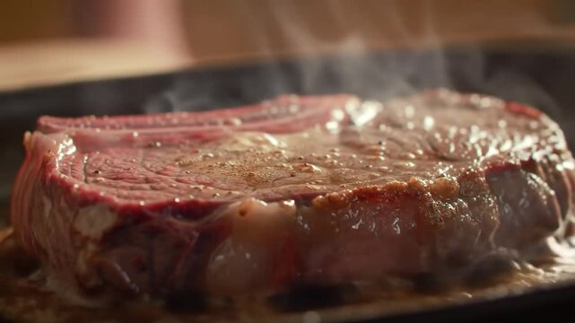 Close-up of a prime rib steak sizzling on a hot griddle with tongs