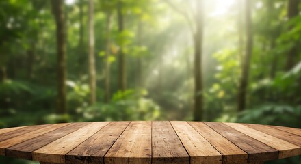 Empty rustic wooden table with blurred green forest background and sunlight.