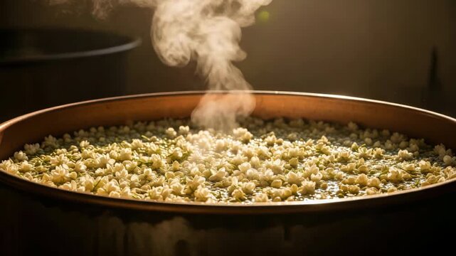 Steaming jasmine flowers during natural distillation process in copper container, aromatic essential oil production, fragrant blossoms in warm sunlight, organic aromatherapy ingredients in traditional