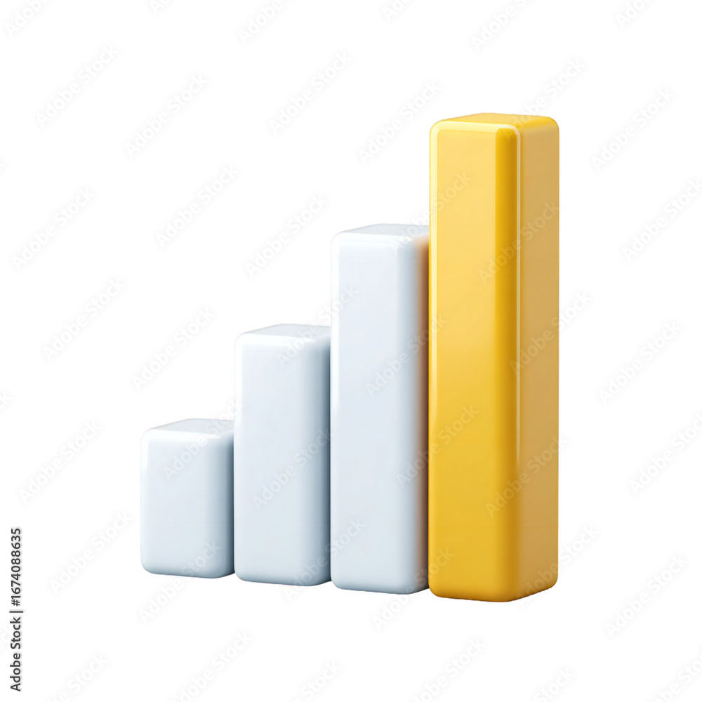 Poster 3d bar chart showing upward trend with the last bar in yellow, isolated on transparent background