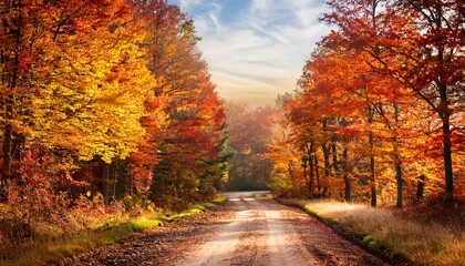 Obraz premium rural dirt road through vibrant autumn forest with colorful trees
