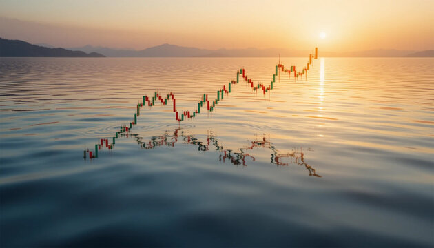 trading chart on the reflected water