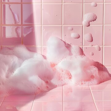 pink soap suds on pink tiles