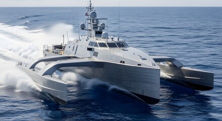 Naklejka premium Closeup of Sea Hunter unmanned surface vessel with futuristic trimaran hull, sharp angular lines, antennas, and radar mast reflecting bright sky on metallic body in ocean waves.