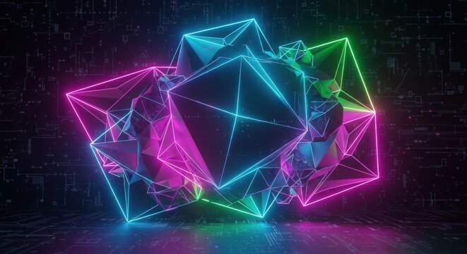 Abstract geometric shape with neon lights glowing in a dark digital space