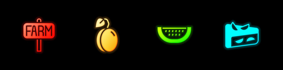 Set Location farm, Plum fruit, Watermelon and Homemade pie icon. Vector