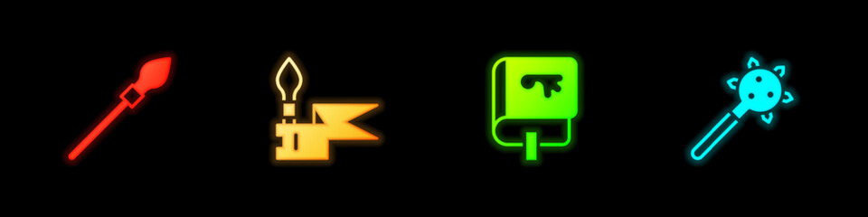 Set Medieval spear, Viking book and Mace with spikes icon. Vector