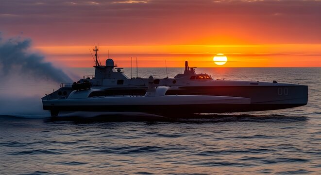 Closeup of Sea Hunter unmanned surface vessel with futuristic trimaran hull, sharp angular lines, antennas, and radar mast reflecting bright sky on metallic body in ocean waves.