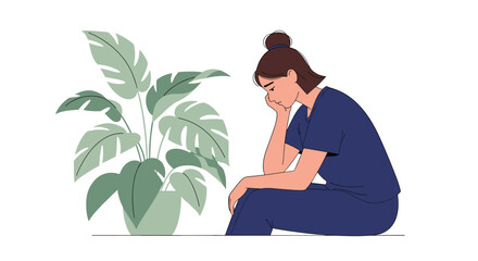 Fototapeta premium A young woman sitting thoughtfully next to a large leafy houseplant feeling down and contemplative about her life choices